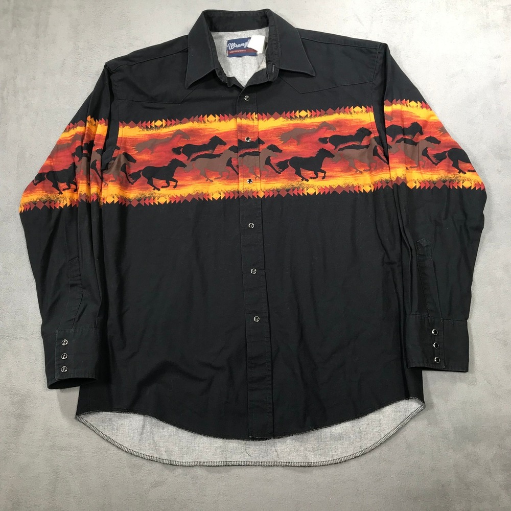 Vintage Wrangler Western Snap Shirt Mens Large Black Horse Graphic Southwest